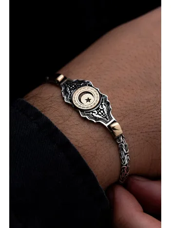 Erkek Gümüş Bileklik - Ayyıldız İşlemeli Kral Zincirli 925 Ayar Gümüş Bileklik