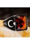 Kırmızı Zirkon Taşlı Ay Yıldızlı Gümüş Erkek Yüzük