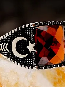 Kırmızı Zirkon Taşlı Ay Yıldızlı Gümüş Erkek Yüzük
