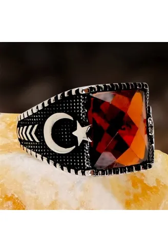 Kırmızı Zirkon Taşlı Ay Yıldızlı Gümüş Erkek Yüzük