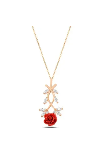 Zirkon Taşlı Rose Gül Çiçeği Model 2 Kadın Gümüş Kolye