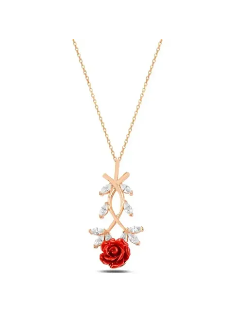 Zirkon Taşlı Rose Gül Çiçeği Model 2 Kadın Gümüş Kolye