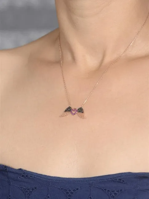 Rose Melek Kanatlı Siyah Ve Pembe Zirkon Taşlı 925 Ayar Gümüş Kadın Kolye GKLMLKKNTLI-ALT
