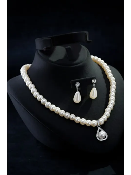 Kadın İnci Kolye Küpe Set - Victoria Model Çiçek Motifli Kadın İnci Set