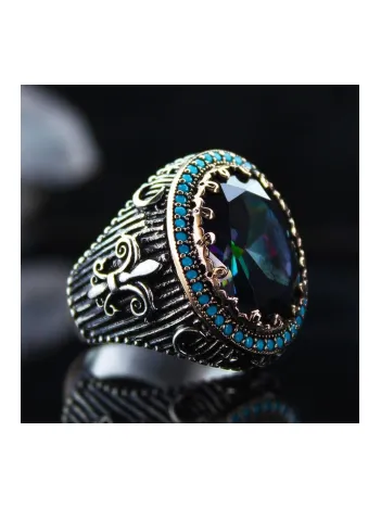 Karışık Renk Mistik Topaz Taşlı Yanı Işlemeli Özel Seri Erkek Gümüş Yüzük - Ey3126