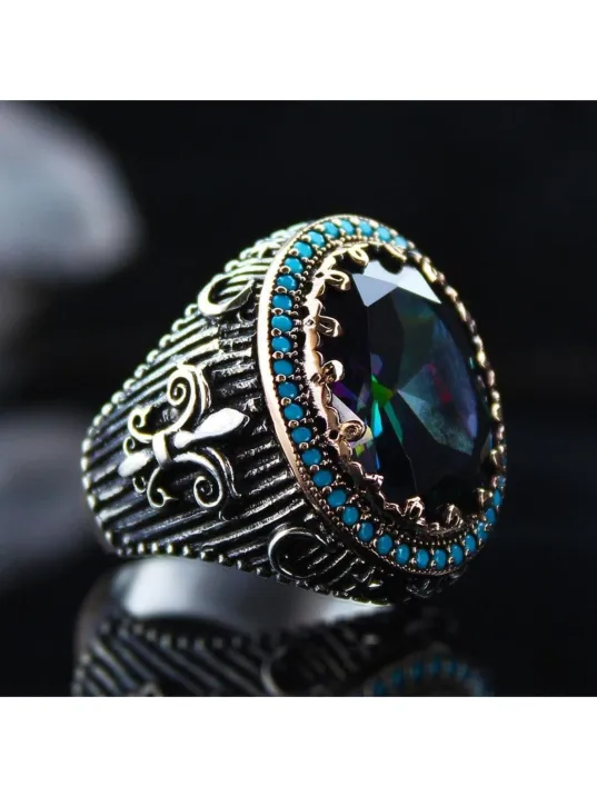 Karışık Renk Mistik Topaz Taşlı Yanı Işlemeli Özel Seri Erkek Gümüş Yüzük - Ey3126