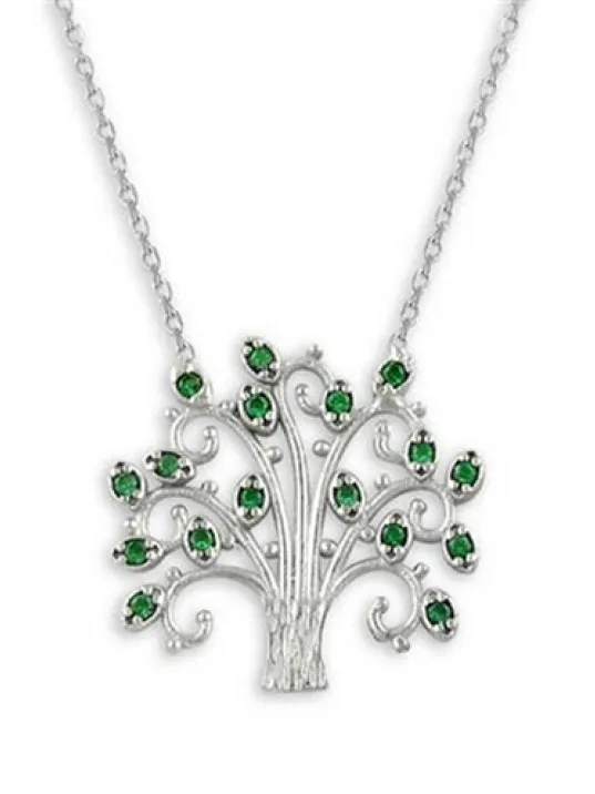 Hayat Ağacı Zümrüt Taşlı Bayan Gümüş Kolye
