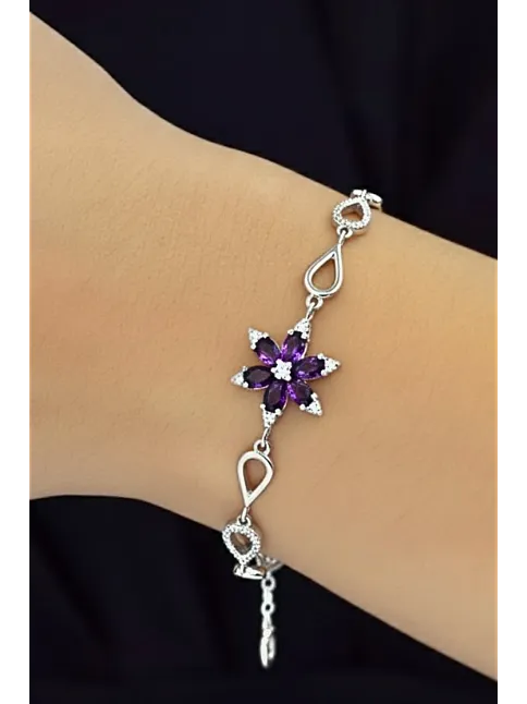 Kadın Gümüş Bileklik - Mor Doğal Safir Taşlı Nergis Model Damla Motifli Gümüş Bileklik