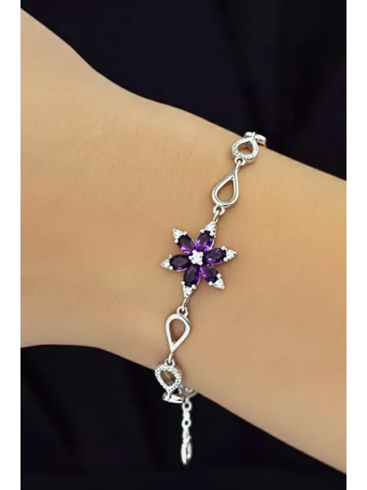 Kadın Gümüş Bileklik - Mor Doğal Safir Taşlı Nergis Model Damla Motifli Gümüş Bileklik Kadın Gümüş Bileklik - Mor Doğal Safir Taşlı Nergis Model Damla Motifli Gümüş Bileklik