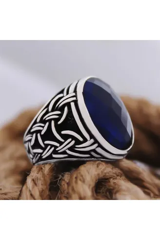 Lacivert Safir Kristal Kesim Taşlı Örme Desen Özel Seri Erkek Gümüş Yüzük