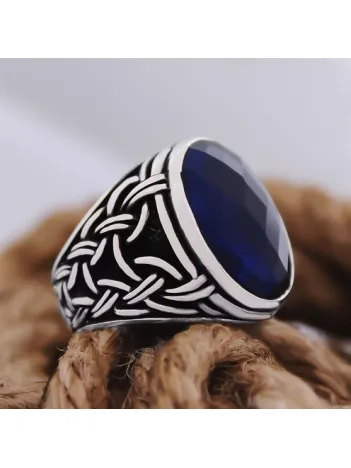 Lacivert Safir Kristal Kesim Taşlı Örme Desen Özel Seri Erkek Gümüş Yüzük