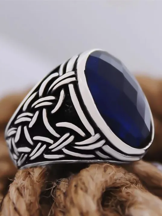 Lacivert Safir Kristal Kesim Taşlı Örme Desen Özel Seri Erkek Gümüş Yüzük