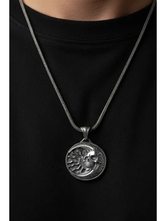 Erkek Gümüş Kolye - 925 Ayar Kabartmalı Güneş Ay ve İskelet Motif Tilki Kuyruğu Zincirli Erkek Kolye