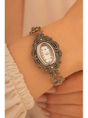 Oval Gümüş Bayan Saati Gelin Saati Markazit Taşlı