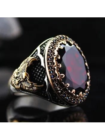 Kırmızı Yakut Taşlı Yanı Kartal İşlemeli Özel Seri Erkek Gümüş Yüzük