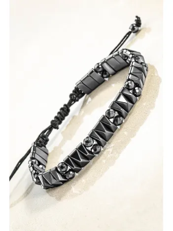 Erkek Kadın Doğal Taş Bileklik - Siyah Hematit Doğal Taşlı Makrome Yuvarlak Model 2 Unisex Bileklik