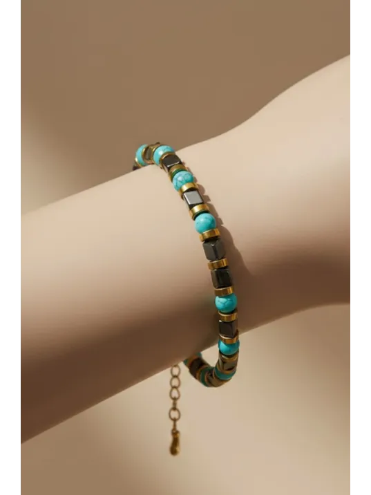 Erkek Kadın Çelik Bileklik - Turkuaz Taşlı Küp Model Sarı Detaylı Erkek Kadın Bileklik