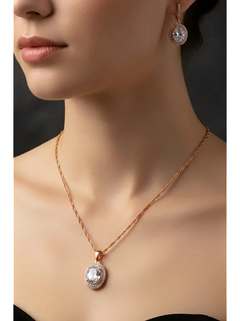 Kadın Gümüş Kolye Küpe Set - Yuvarlak Rose Kaplama Zirkon Taşlı Kadın Set Kadın Gümüş Kolye Küpe Set - Yuvarlak Rose Kaplama Zirkon Taşlı Kadın Set