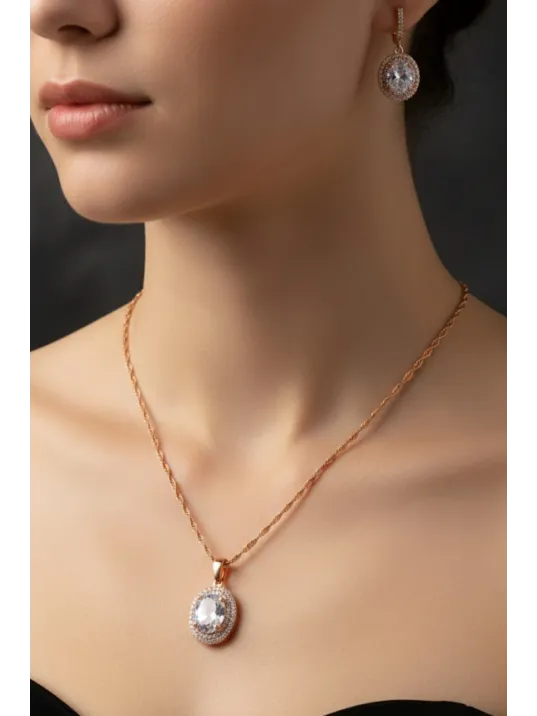 Kadın Gümüş Kolye Küpe Set - Yuvarlak Rose Kaplama Zirkon Taşlı Kadın Set Kadın Gümüş Kolye Küpe Set - Yuvarlak Rose Kaplama Zirkon Taşlı Kadın Set