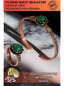 Kadın Bakır Bileklik Yüzük Set - Yeşil Akik Taşı Ağaç Kabuğu Model İnce Metal Kutu Kuvars Taş
