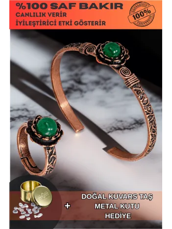 Kadın Bakır Bileklik Yüzük Set - Yeşil Akik Taşı Ağaç Kabuğu Model İnce Metal Kutu Kuvars Taş