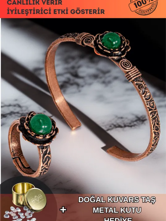 Kadın Bakır Bileklik Yüzük Set - Yeşil Akik Taşı Ağaç Kabuğu Model İnce Metal Kutu Kuvars Taş Kadın Bakır Bileklik Yüzük Set - Yeşil Akik Taşı Ağaç Kabuğu Model İnce Metal Kutu Kuvars Taş