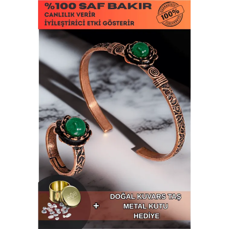 Kadın Bakır Bileklik Yüzük Set - Yeşil Akik Taşı Ağaç Kabuğu Model İnce Metal Kutu Kuvars Taş Kadın Bakır Bileklik Yüzük Set - Yeşil Akik Taşı Ağaç Kabuğu Model İnce Metal Kutu Kuvars Taş