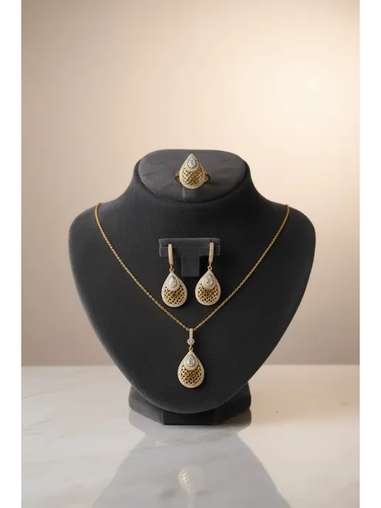 Kadın Gümüş Kolye Yüzük Küpe Set - Damla Model 22 Ayar Altın Kaplama Zirkon Taşlı Gümüş Set