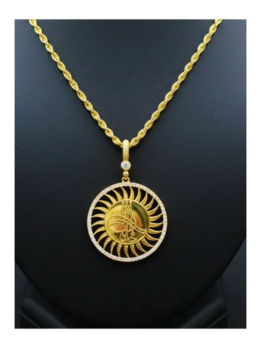 Kadın Gümüş Kolye - Güneş Motif Osmanlı Tuğrası 22 Ayar Altın Kaplama Zirkon Taşlı Gümüş Kolye