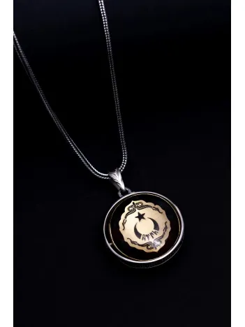 Erkek Turuncu Çift Taraflı Ayyıldız Ve Türk Yazılı Kartal Figürlü Gümüş Kehribar Kolye