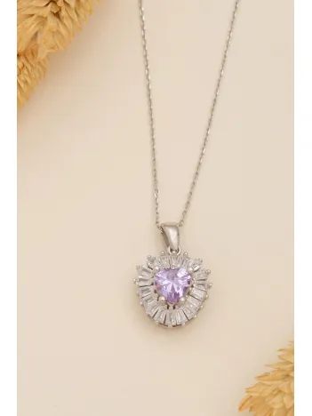 Kadın Gümüş Kolye - Kalp Model Ametist Taşlı Baget Süslemeli Rodyumlu Kadın Kolye