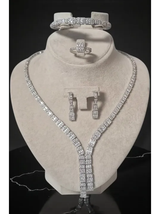 Kadın Gümüş Takı Seti - Kalın Dilruba Baget Taşlı Kolye Bileklik Yüzük Küpe Tam Set Işıklı Kutuda