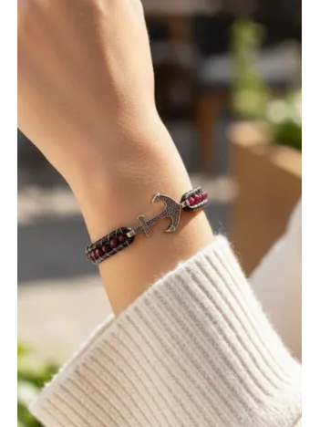 Faset Bordo Akik Doğaltaş Ve Siyah Zirkon Çapalı Kadın Deri Bileklik
