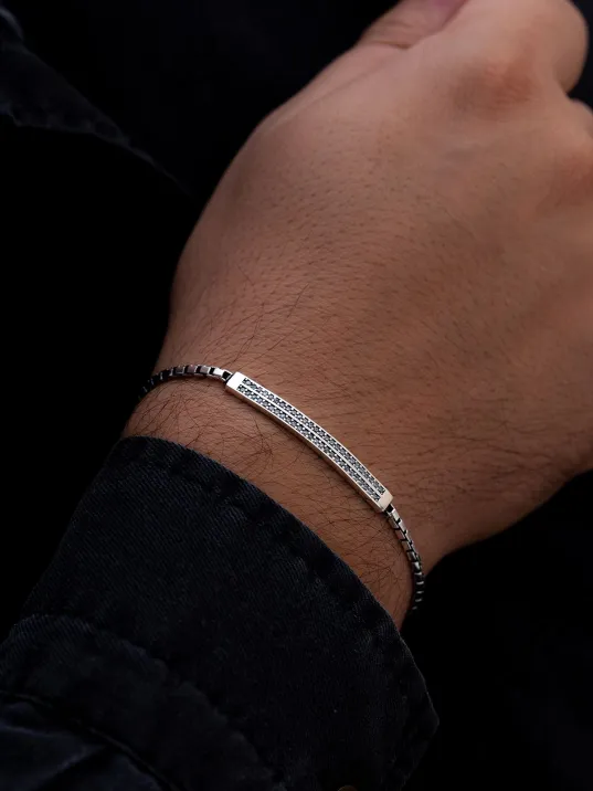 Erkek Gümüş Bileklik - Çift Zirkon Taşlı Küp Zincir Gümüş Bileklik