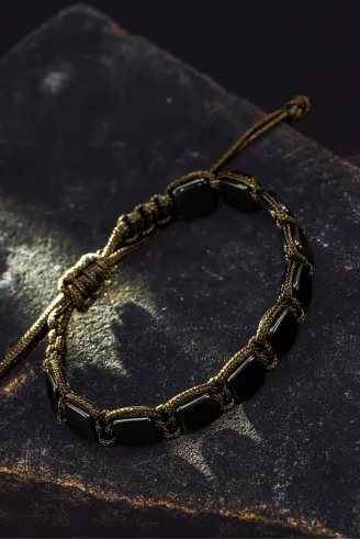 Erkek Kadın Doğal Taş Bileklik - Siyah Hematit Doğal Taşlı Yeşil Makrome Model 2 Unisex Bileklik