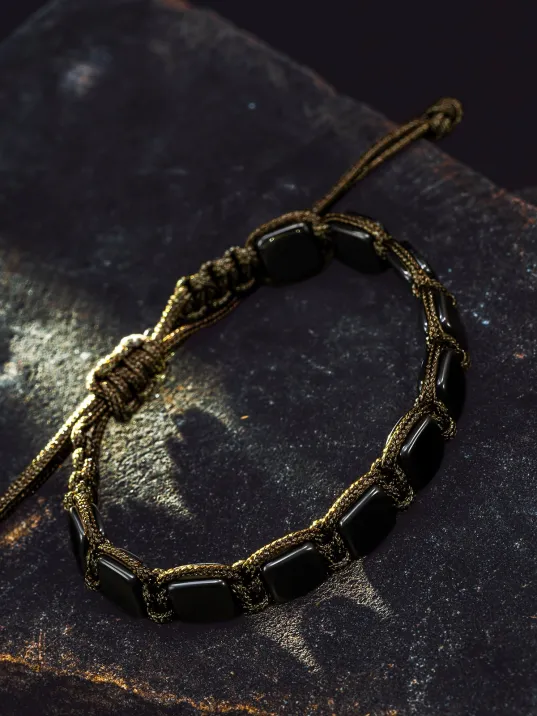 Erkek Kadın Doğal Taş Bileklik - Siyah Hematit Doğal Taşlı Yeşil Makrome Model 2 Unisex Bileklik