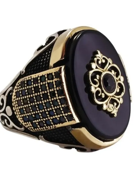 Nano Taş Detaylı Oniks Taşlı Otantik Gümüş Erkek Yüzük