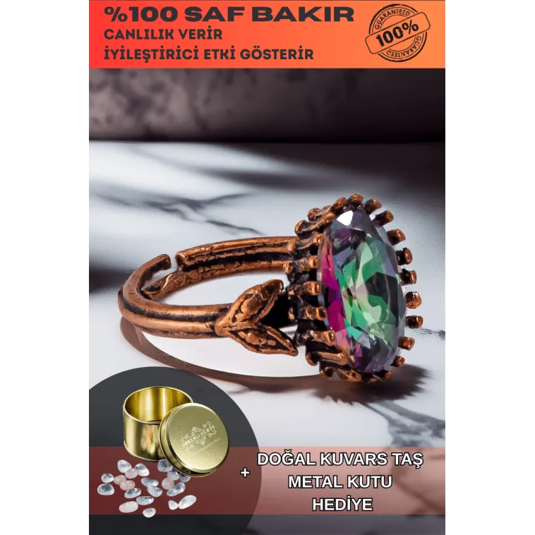 Kadın Bakır Bileklik - Mistik Topaz Taş Mekik Ağaç Kabuğu Model İnce Metal Kutu Kuvars Taşlı Yüzük