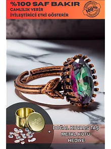 Kadın Bakır Bileklik - Mistik Topaz Taş Mekik Ağaç Kabuğu Model İnce Metal Kutu Kuvars Taşlı Yüzük