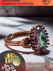 Kadın Bakır Bileklik - Mistik Topaz Taş Mekik Ağaç Kabuğu Model İnce Metal Kutu Kuvars Taşlı Yüzük