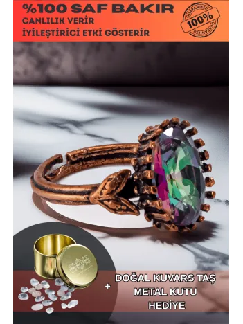 Kadın Bakır Bileklik - Mistik Topaz Taş Mekik Ağaç Kabuğu Model İnce Metal Kutu Kuvars Taşlı Yüzük