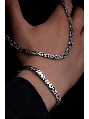 Erkek Gümüş Kolye Bileklik Set - 5.5mm Dikdörtgen Kesim Yassı Kral Gümüş Kolye Bileklik Set