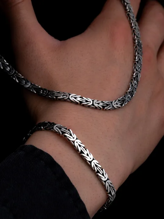 Erkek Gümüş Kolye Bileklik Set - 5.5mm Dikdörtgen Kesim Yassı Kral Gümüş Kolye Bileklik Set