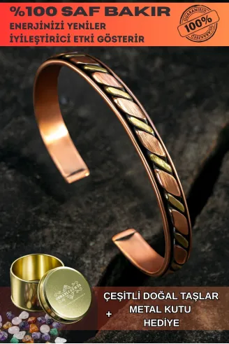 Copper Drop Bakır Kelepçe Bilezik Erkek Kadın Doğal Taşlı ve Metal Kutulu