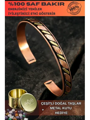 Copper Drop Bakır Kelepçe Bilezik Erkek Kadın Doğal Taşlı ve Metal Kutulu