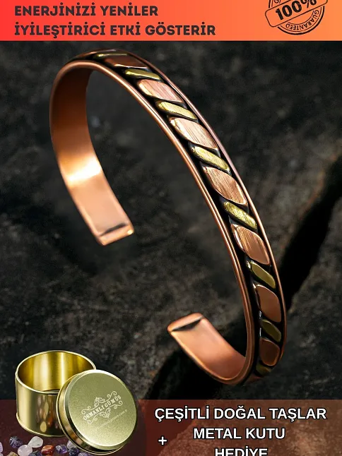 Copper Drop Bakır Kelepçe Bilezik Erkek Kadın Doğal Taşlı ve Metal Kutulu