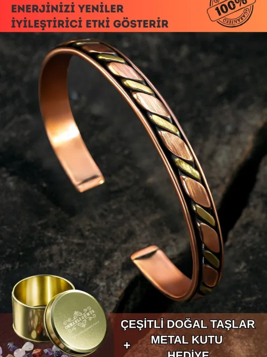 Copper Drop Bakır Kelepçe Bilezik Erkek Kadın Doğal Taşlı ve Metal Kutulu