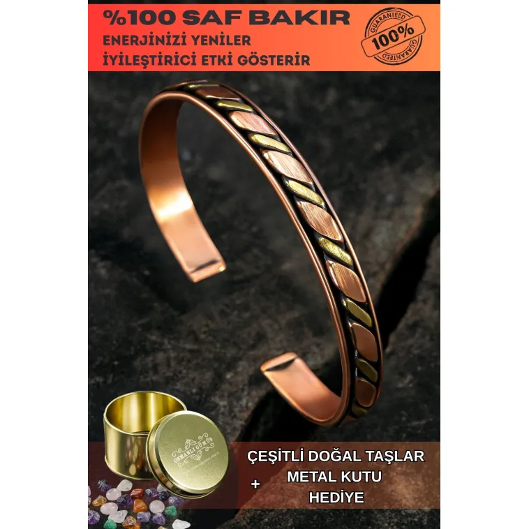 Copper Drop Bakır Kelepçe Bilezik Erkek Kadın Doğal Taşlı ve Metal Kutulu Copper Drop Bakır Kelepçe Bilezik Erkek Kadın Doğal Taşlı ve Metal Kutulu