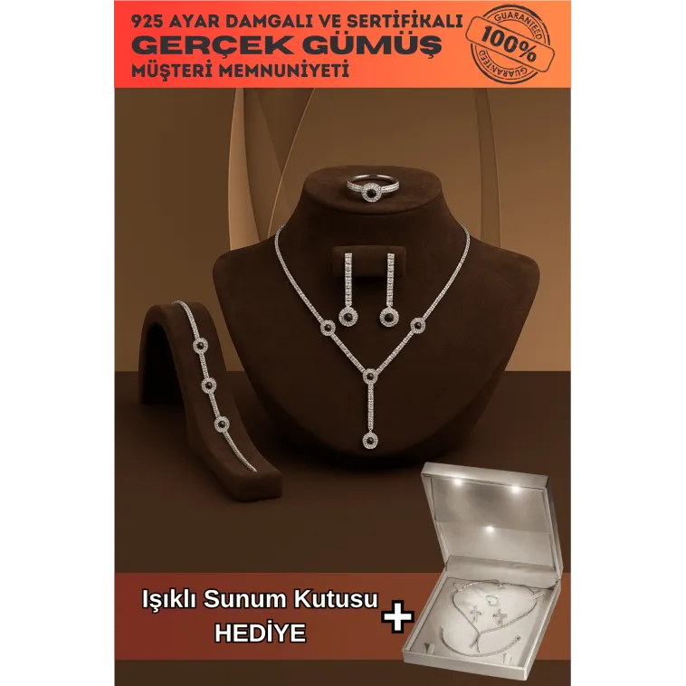 Venüs Bayan Zümrüt Taşlı Gümüş Su Yolu Set - Kolye, Bileklik, Küpe, Yüzük
