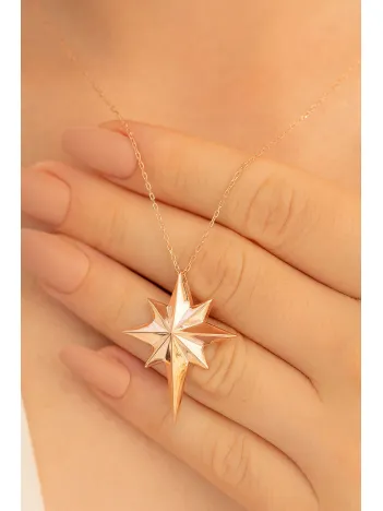 Kadın Gümüş Kolye - Rose Altın Kaplama Büyük Kutup Yıldızı Gümüş Kolye